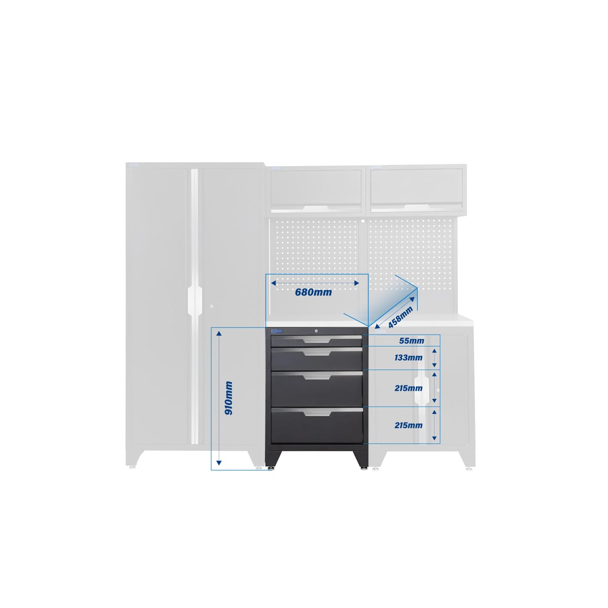 SGS 7pc Modular Garage Storage | 4 Drawers | Stainless Steel Worktop | Floor Cabinet | 2x Uppe Cabinet | Tall Double Cabinet